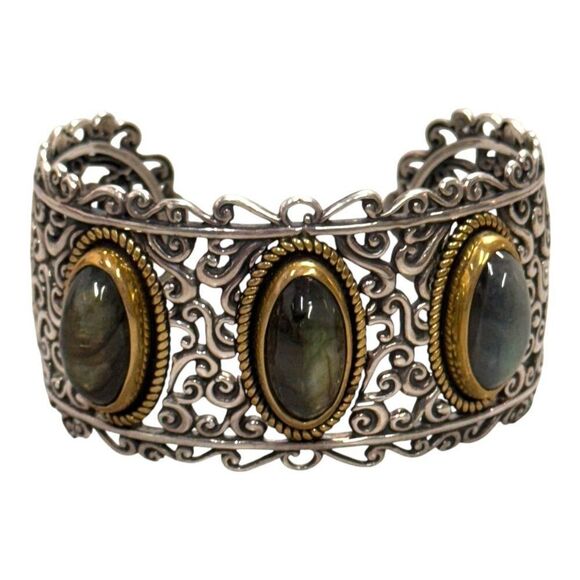 Carolyn Pollack Ornate Sterling Brass 3 Oval Labradorite Cuff Bracelet Southwest - Picture 2 of 8